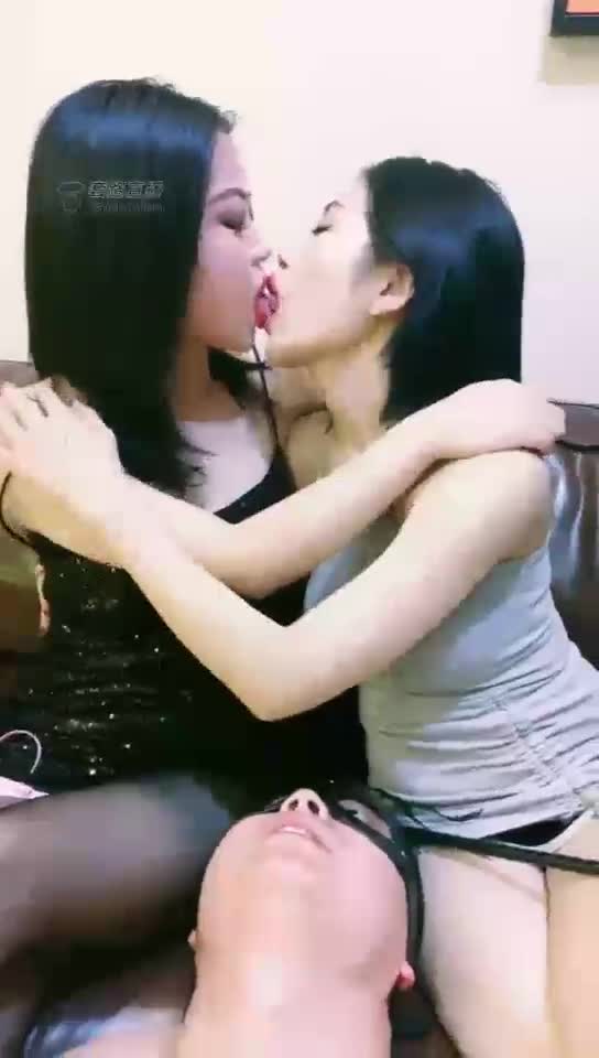 Lala lesbian tongue kiss mixed saliva for IT men to eat